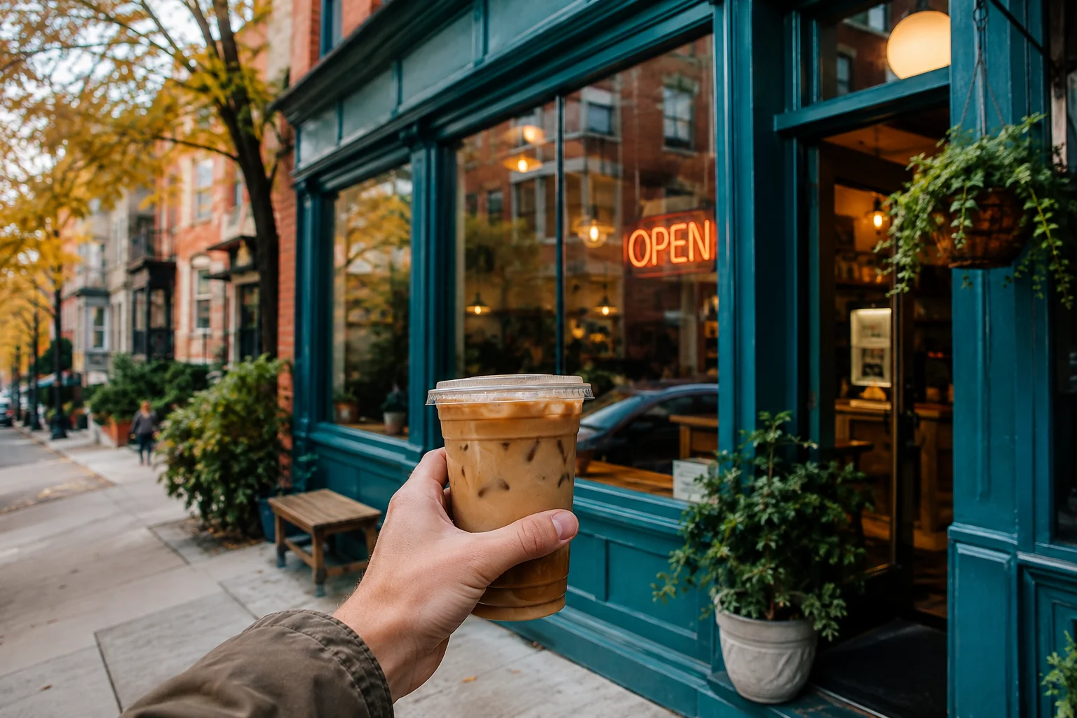 An iced coffee held up outside a Pittsburgh coffee shop in Hazelwood